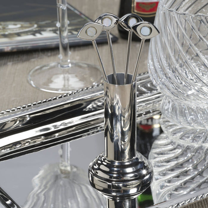 Evil Eye Set of 4 Cocktail Picks with Stand - Polished Nickel - Barware by Carlyle Avenue