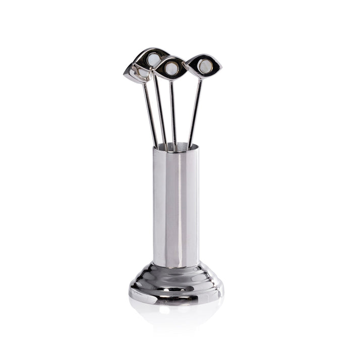 Evil Eye Set of 4 Cocktail Picks with Stand - Polished Nickel - Barware by Carlyle Avenue
