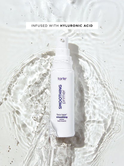Tarte smoothing primer bottle with hyluronic acid text on a white background
