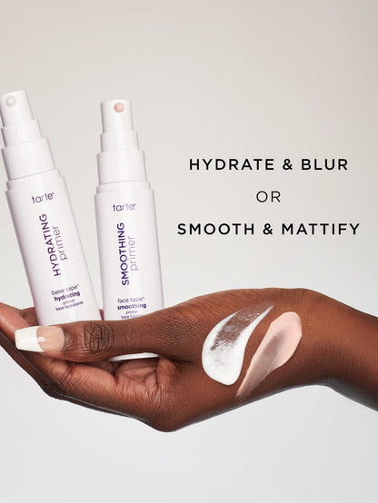Two skincare products with a hand holding them and a swatch of product on skin, against a neutral background.
