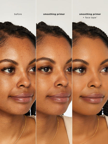 Before and after comparison of a woman's face with smoothing primer and face tape.