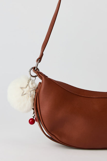 Faux Leather Studded Crossbody Purse with Pom Keychain