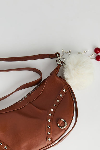 Faux Leather Studded Crossbody Purse with Pom Keychain