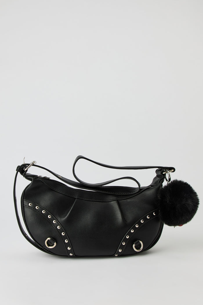 Faux Leather Studded Crossbody Purse with Pom Keychain