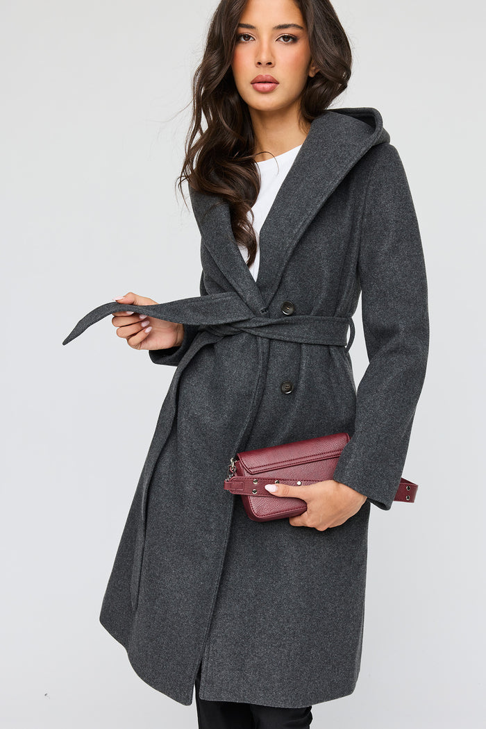 Faux Wool Belted Coat With Hood