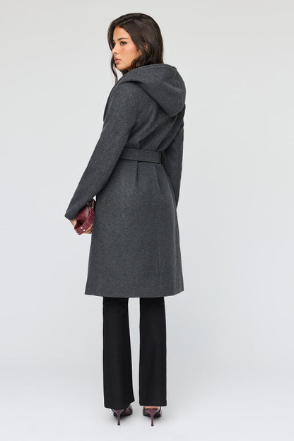 Faux Wool Belted Coat With Hood