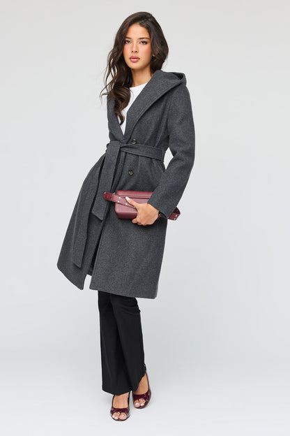 Faux Wool Belted Coat With Hood
