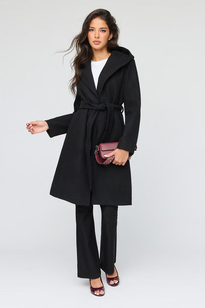 Faux Wool Belted Coat With Hood