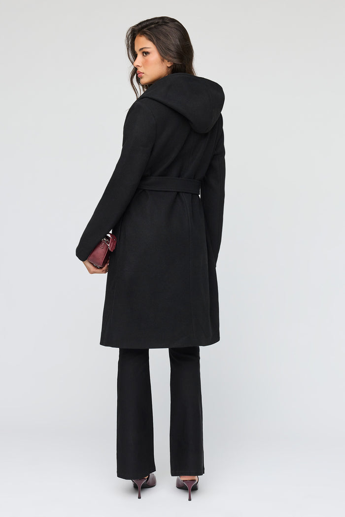 Faux Wool Belted Coat With Hood