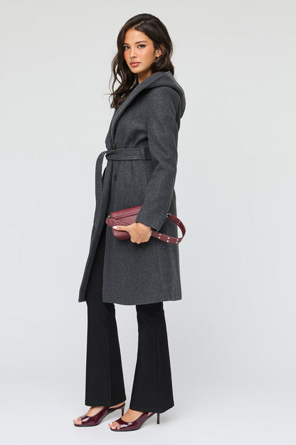 Faux Wool Belted Coat With Hood