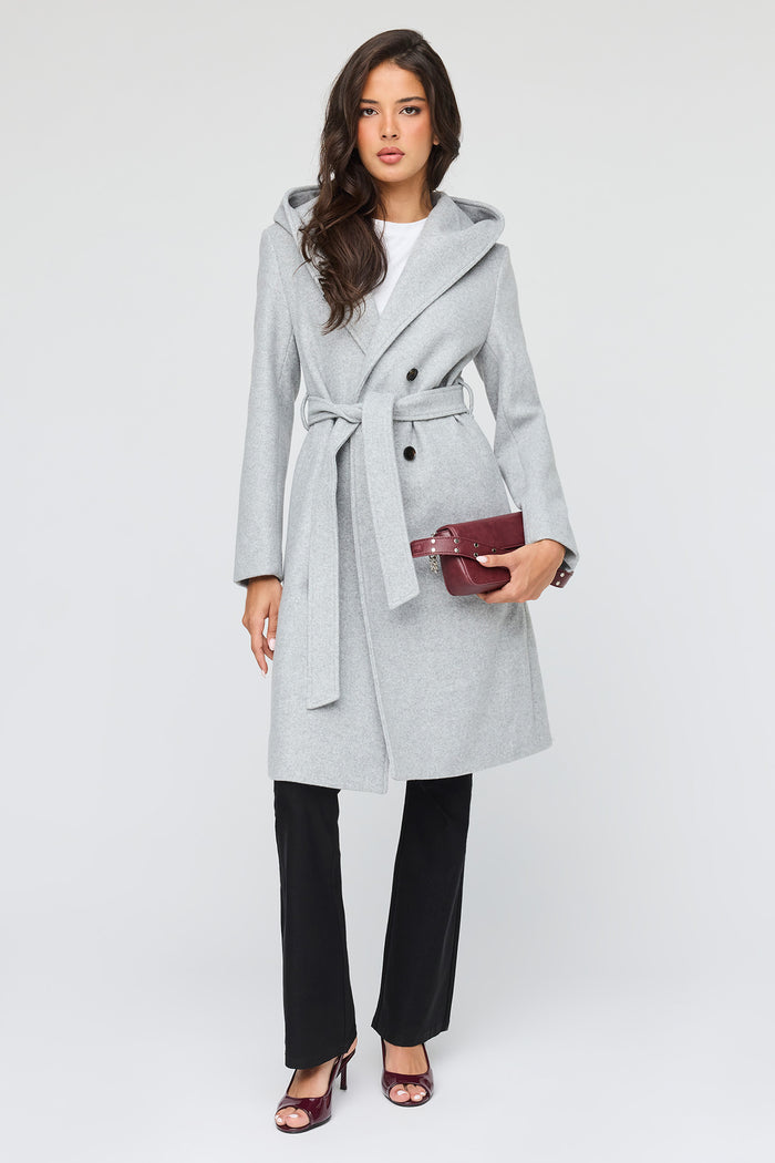 Faux Wool Belted Coat With Hood