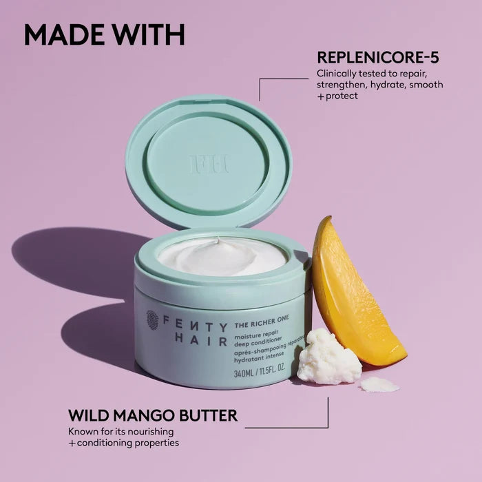 Fenty Beauty The Richer One Moisture Repair Deep Conditioner bottle, 340ml, with sleek packaging and product label visible.