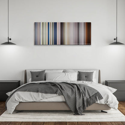 Full Metal Jacket color palette canvas above a bed, between two black pendant lamps