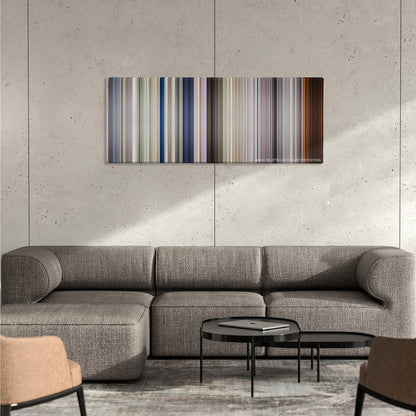 Full Metal Jacket color palette canvas on a concrete wall above a gray sectional sofa