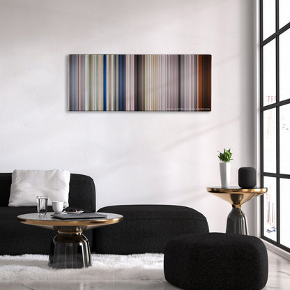 Full Metal Jacket color palette canvas above a black sofa with a gold-topped table