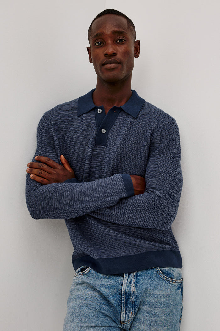 Fulton Sweater in Lightweight Cotton Knit With Raglan Long Sleeves, Two-Button Placket, Collar, and Tonal Texture in Navy Wave Colorway - Upper Body Front View Featured on Model