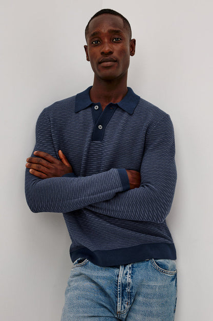 Fulton Sweater in Lightweight Cotton Knit With Raglan Long Sleeves, Two-Button Placket, Collar, and Tonal Texture in Navy Wave Colorway - Upper Body Front View Featured on Model