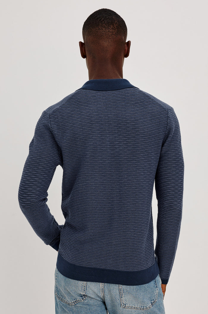 Fulton Sweater in Lightweight Cotton Knit With Raglan Long Sleeves, Two-Button Placket, Collar, and Tonal Texture in Navy Wave Colorway - Upper Body Back View Featured on Model