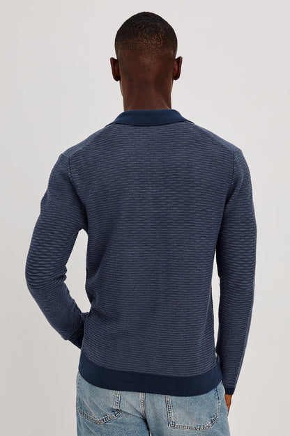 Fulton Sweater in Lightweight Cotton Knit With Raglan Long Sleeves, Two-Button Placket, Collar, and Tonal Texture in Navy Wave Colorway - Upper Body Back View Featured on Model