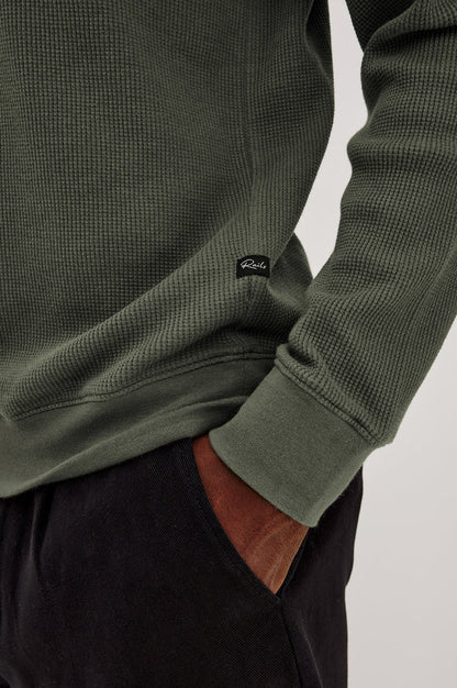 Gates Hoodie in Micro-Waffle Cotton Blend With Fixed Hood, Long Sleeves, and Relaxed Fit in Pine Needle Colorway - Lower Body Front View Featured on Model