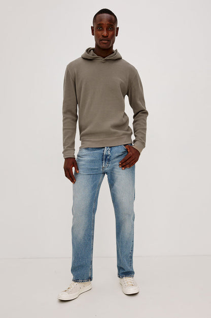 Gates Hoodie in Micro-Waffle Cotton Blend With Fixed Hood, Long Sleeves, and Relaxed Fit in Walnut Colorway - Full Body Front View Featured on Model