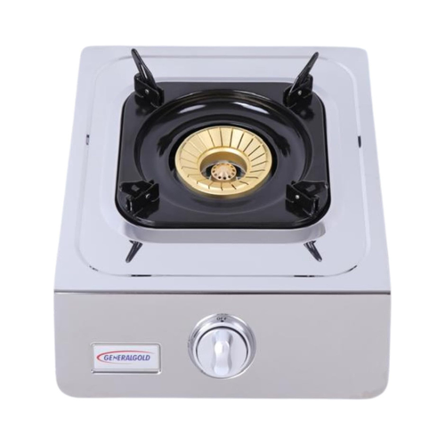 General Gold Table Top Gas Stove 1 Burner – Stainless Steel LPG Gas Cooker with Brass Double Burner, Automatic Ignition, Enamel Pan Stands, Energy-Saving Design