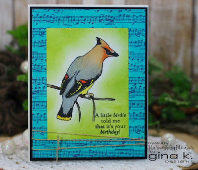 Gina K. designs - Background Stamp - Music Medley. Music Medley is a stamp set by Gina K Designs. This set is made of premium clear photopolymer and measures 6" X 6".   Made in the USA. Available at Embellish Away located in Bowmanville Ontario Canada. Card Example by Karen Hightower.