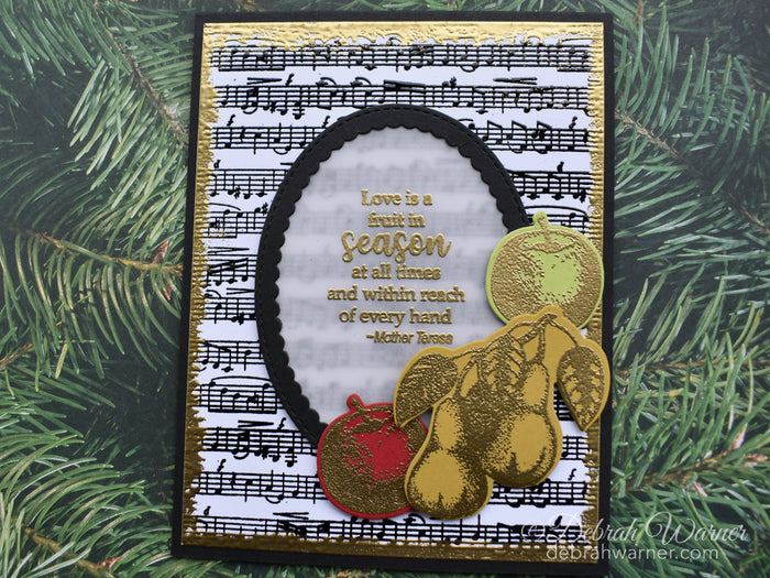 Gina K. designs - Background Stamp - Music Medley. Music Medley is a stamp set by Gina K Designs. This set is made of premium clear photopolymer and measures 6" X 6".   Made in the USA. Available at Embellish Away located in Bowmanville Ontario Canada. Card Example by Debra Warner.