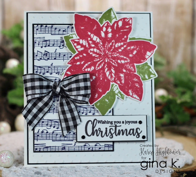 Gina K. designs - Background Stamp - Music Medley. Music Medley is a stamp set by Gina K Designs. This set is made of premium clear photopolymer and measures 6" X 6".   Made in the USA. Available at Embellish Away located in Bowmanville Ontario Canada. Card Example by Karen Hightower.