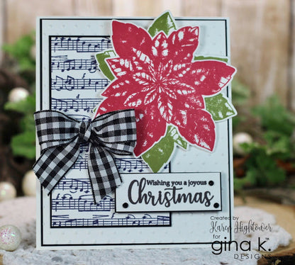 Gina K. designs - Background Stamp - Music Medley. Music Medley is a stamp set by Gina K Designs. This set is made of premium clear photopolymer and measures 6" X 6".   Made in the USA. Available at Embellish Away located in Bowmanville Ontario Canada. Card Example by Karen Hightower.