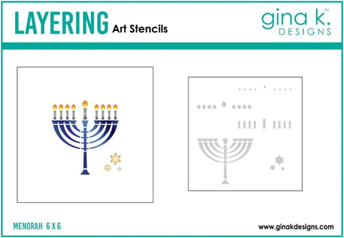 Gina K Designs - Layering Stencil - Menorah. Gina K. Designs Art Screens can be used with ink, sprays, pastes, and gels to create beautiful backgrounds and images. Layer stencils together for more options. Wash with soap and warm water. Pat dry. Available at Embellish Away located in Bowmanville Ontario Canada
