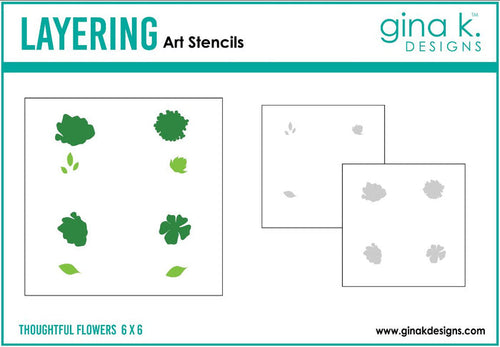 Gina K Designs - Layering Stencil - Thoughtful Flowers. Gina K. Designs Art Screens can be used with ink, sprays, pastes, and gels to create beautiful backgrounds and images. Layer stencils together for more options. Wash with soap and warm water. Available at Embellish Away located in Bowmanville Ontario Canada.