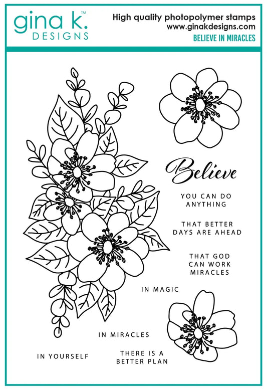 Gina K. Designs - Stamp & Die Set - Believe in Miracles. Believe in Miracles is a set by Arjita Singh. This set is made of premium clear photopolymer and measures 6" X 8". Made in the USA. Available at Embellish Away located in Bowmanville Ontario Canada.