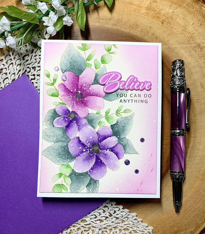 Gina K. Designs - Stamp & Die Set - Believe in Miracles. Believe in Miracles is a set by Arjita Singh. This set is made of premium clear photopolymer and measures 6" X 8". Made in the USA. Available at Embellish Away located in Bowmanville Ontario Canada. Example by brand ambassador.