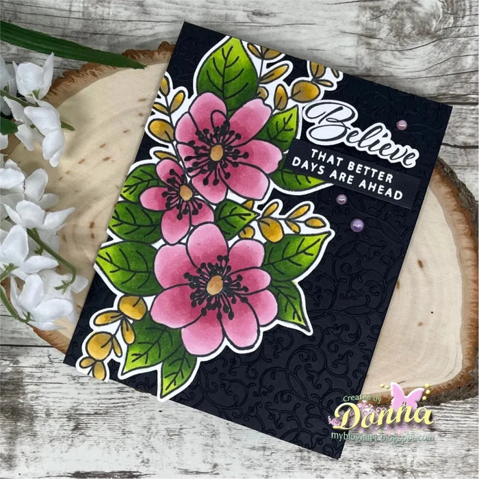 Gina K. Designs - Stamp & Die Set - Believe in Miracles. Believe in Miracles is a set by Arjita Singh. This set is made of premium clear photopolymer and measures 6" X 8". Made in the USA. Available at Embellish Away located in Bowmanville Ontario Canada. Example by brand ambassador.