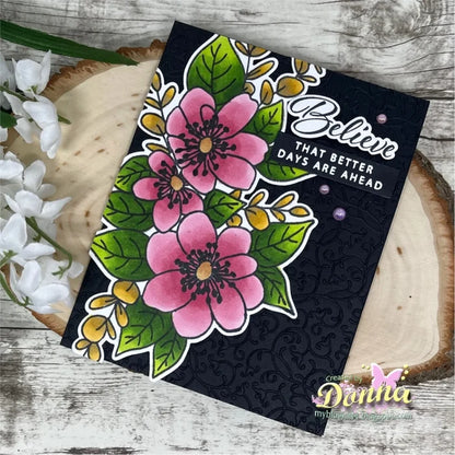 Gina K. Designs - Stamp & Die Set - Believe in Miracles. Believe in Miracles is a set by Arjita Singh. This set is made of premium clear photopolymer and measures 6" X 8". Made in the USA. Available at Embellish Away located in Bowmanville Ontario Canada. Example by brand ambassador.