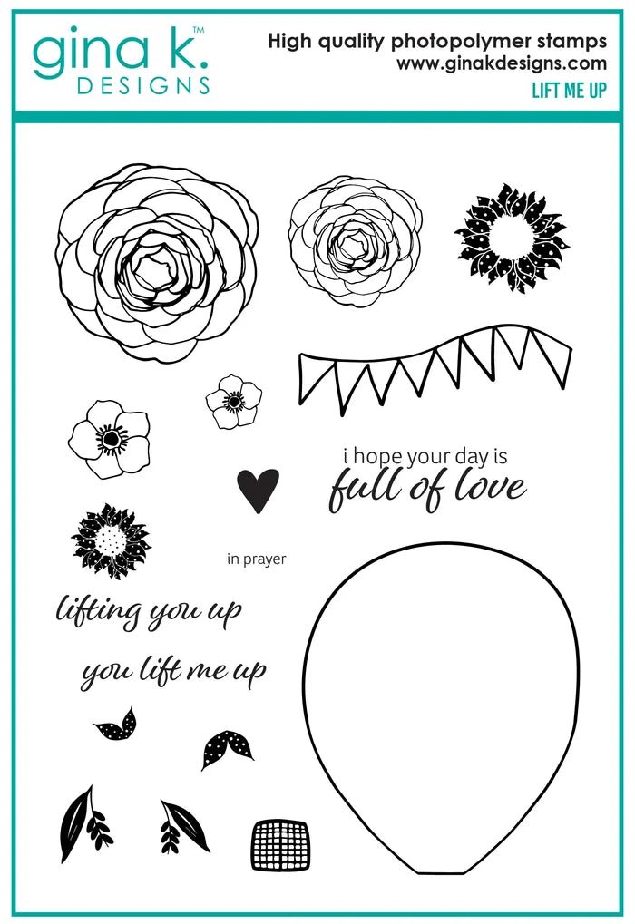 Gina K. Designs - Stamp & Die Set - Lift Me Up. Lift Me Up is a set by Lisa Hetrick. This set is made of premium clear photopolymer and measures 6" X 8". These wafer thin metal-etched dies are the highest quality for your paper crafting projects. Available at Embellish Away located in Bowmanville Ontario Canada.