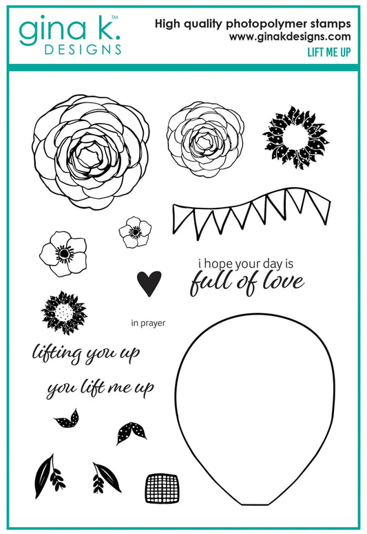 Gina K. Designs - Stamp & Die Set - Lift Me Up. Lift Me Up is a set by Lisa Hetrick. This set is made of premium clear photopolymer and measures 6" X 8". These wafer thin metal-etched dies are the highest quality for your paper crafting projects. Available at Embellish Away located in Bowmanville Ontario Canada.