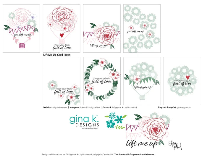 Gina K. Designs - Stamp & Die Set - Lift Me Up. Lift Me Up is a set by Lisa Hetrick. This set is made of premium clear photopolymer and measures 6" X 8". These wafer thin metal-etched dies are the highest quality for your paper crafting projects. Available at Embellish Away located in Bowmanville Ontario Canada. examples by Lisa Hetrick.