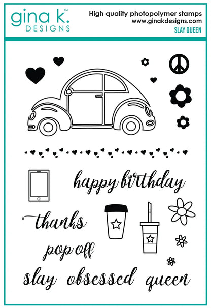 Gina K. Designs - Stamp & Die Set - Slay Queen. Slay Queen is a set by Beth Silika. This set is made of premium clear photopolymer and measures 6" X 8". These wafer thin metal-etched dies are the highest quality for your paper crafting projects. Available at Embellish Away located in Bowmanville Ontario Canada.