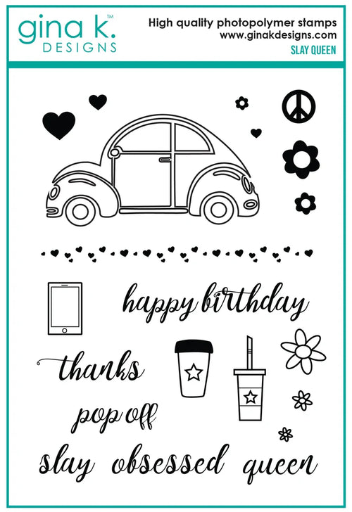 Gina K. Designs - Stamp & Die Set - Slay Queen. Slay Queen is a set by Beth Silika. This set is made of premium clear photopolymer and measures 6" X 8". These wafer thin metal-etched dies are the highest quality for your paper crafting projects. Available at Embellish Away located in Bowmanville Ontario Canada.