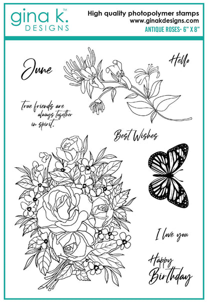 Gina K. Designs - Stamps - Antique Roses. Antique Roses is a stamp set by Hannah Drapinski. This set is made of premium clear photopolymer and measures 6" X 8".   Made in the USA. Available at Embellish Away located in Bowmanville Ontario Canada.