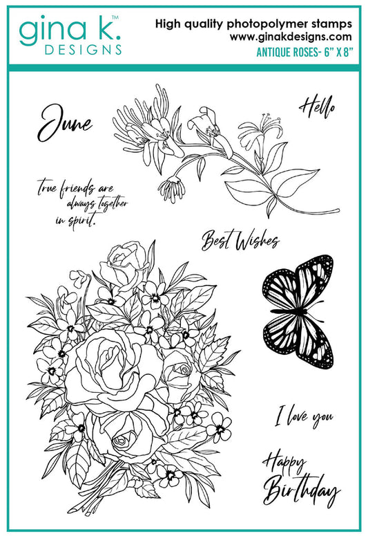 Gina K. Designs - Stamps - Antique Roses. Antique Roses is a stamp set by Hannah Drapinski. This set is made of premium clear photopolymer and measures 6" X 8".   Made in the USA. Available at Embellish Away located in Bowmanville Ontario Canada.