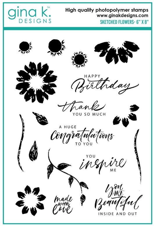 Gina K. Designs - Stamps - Sketched Flowers. Sketched Flowers is a stamp set by Gina K Designs. This set is made of premium clear photopolymer and measures 6" X 8". Made in the USA. Coordinating die set sold separately. Available at Embellish Away located in Bowmanville Ontario Canada.