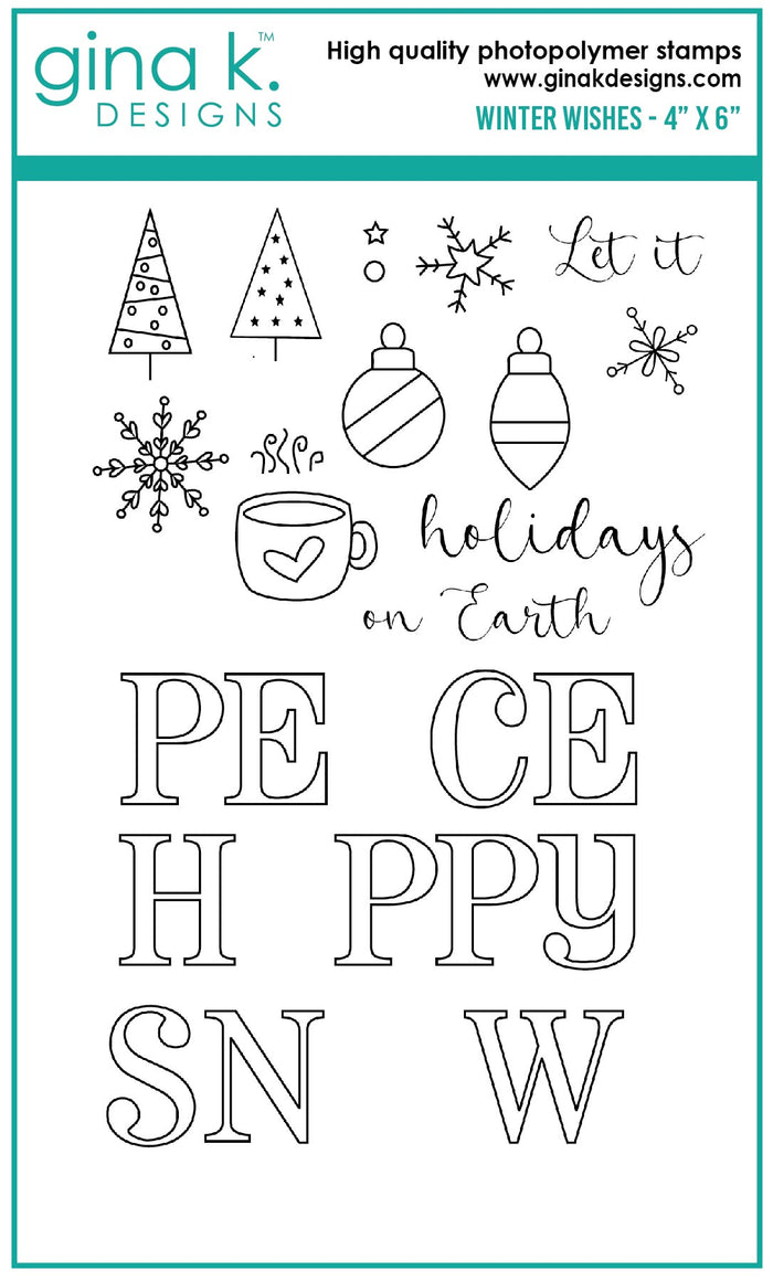 Gina K. Designs - Stamps - Winter Wishes. Winter Wishes is a stamp set by Beth Silaika . This set is made of premium clear photopolymer and measures 4" X 6". Made in the USA. Available at Embellish Away located in Bowmanville Ontario Canada.