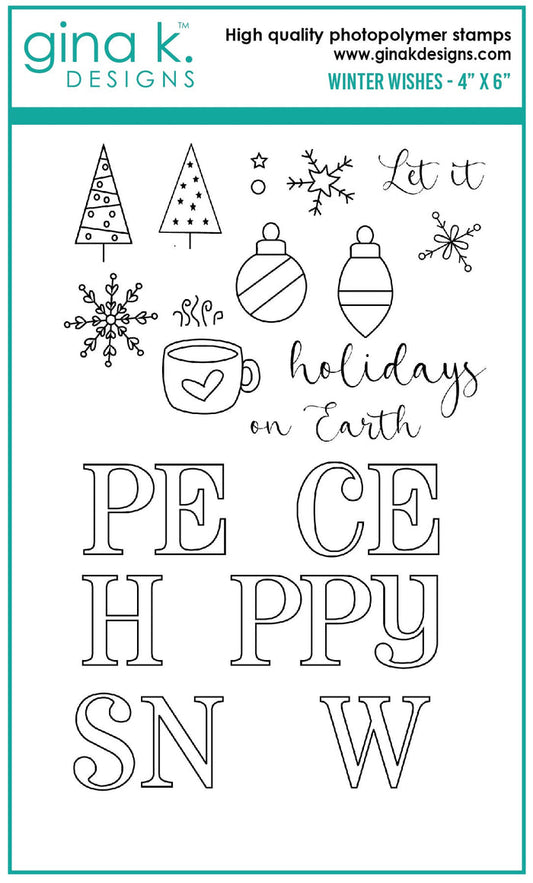 Gina K. Designs - Stamps - Winter Wishes. Winter Wishes is a stamp set by Beth Silaika . This set is made of premium clear photopolymer and measures 4" X 6". Made in the USA. Available at Embellish Away located in Bowmanville Ontario Canada.