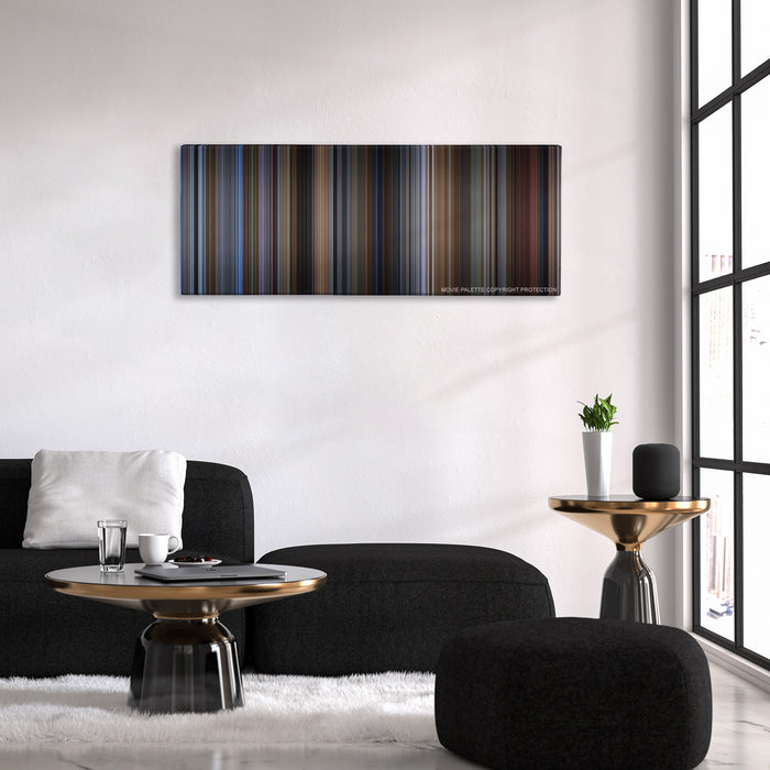 Groundhog Day color palette canvas above a black sofa with a gold-topped table