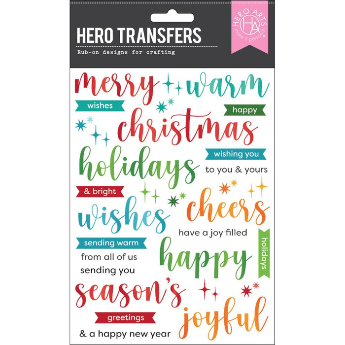 Hero Arts - Hero Transfers - Joyful Christmas Messages. Includes two 6 x 8 inch rub-on transfer sheets featuring multiple designs per sheet. Suitable for all smooth surfaces like paper, tile, acetate, wood, etc. Available at Embellish Away located in Bowmanville Ontario Canada.
