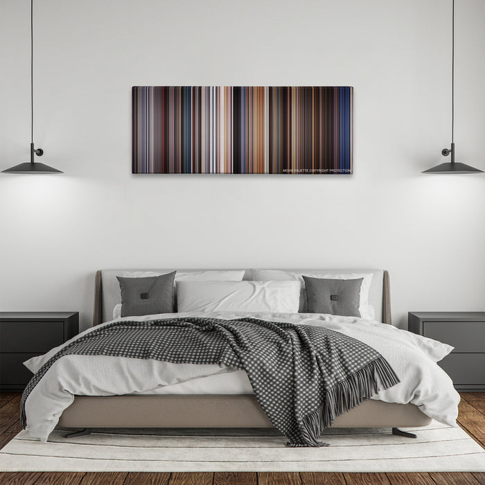 Highlander color palette canvas above a bed, between two black pendant lamps