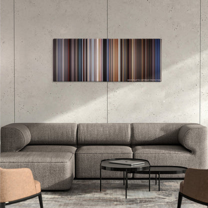 Highlander color palette canvas on a concrete wall above a gray sectional sofa